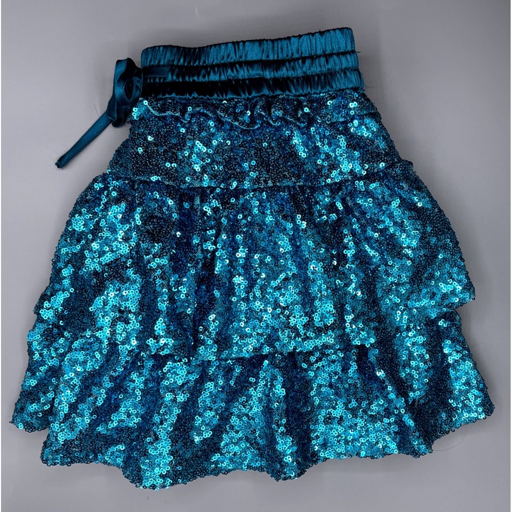 Teal Blue Sequin Tiered Ruffle Skirt Built In Shorts Sparkly Shimmer Womens Sz S